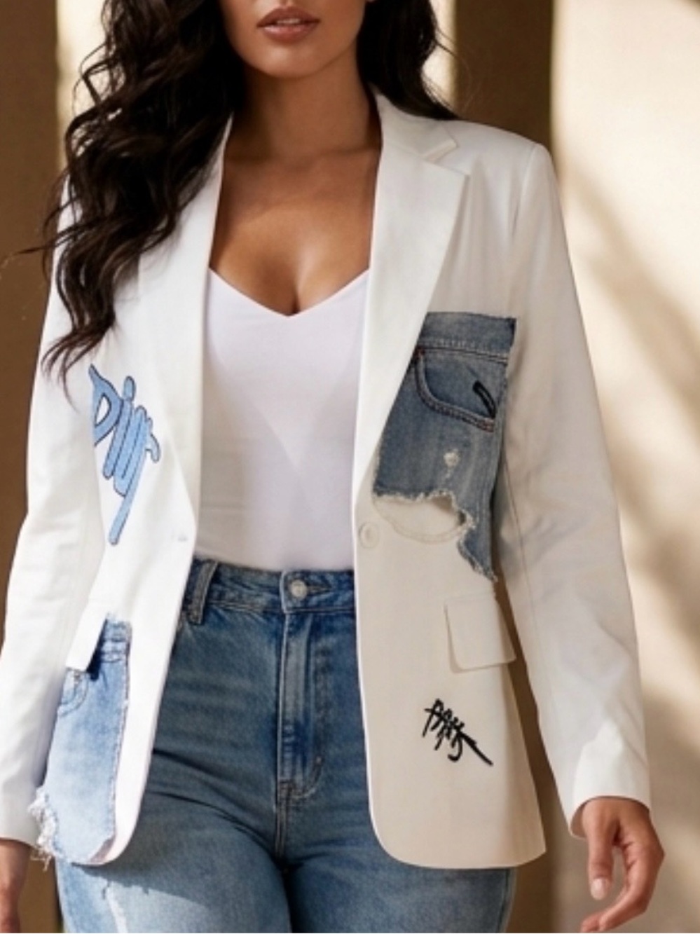 Upcycled White designer inspired Patchwork Denim-Accent Blazer size XL